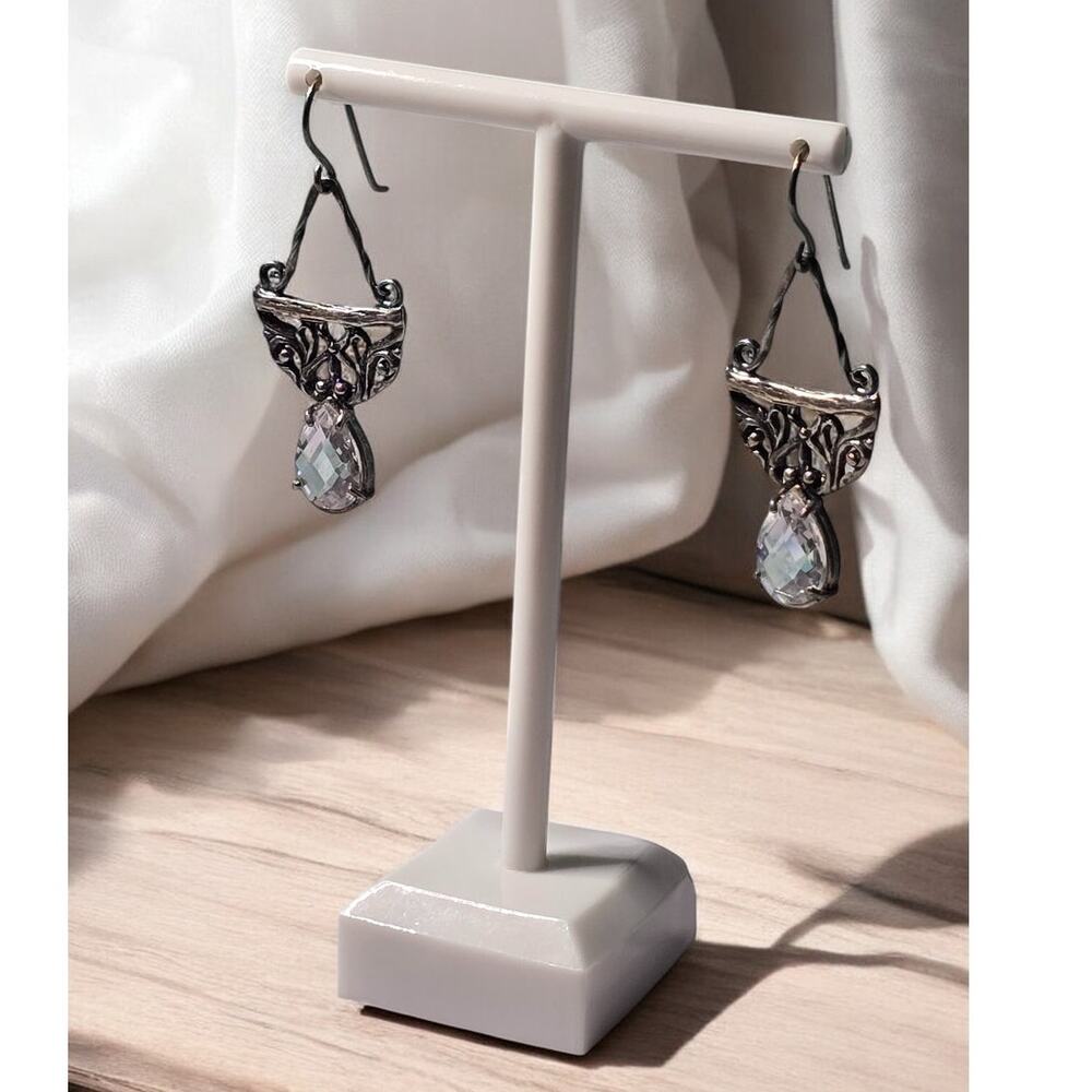 Opulenza Designs Crystal Filigree Drop Dangle 925 Silver Vintage Earrings